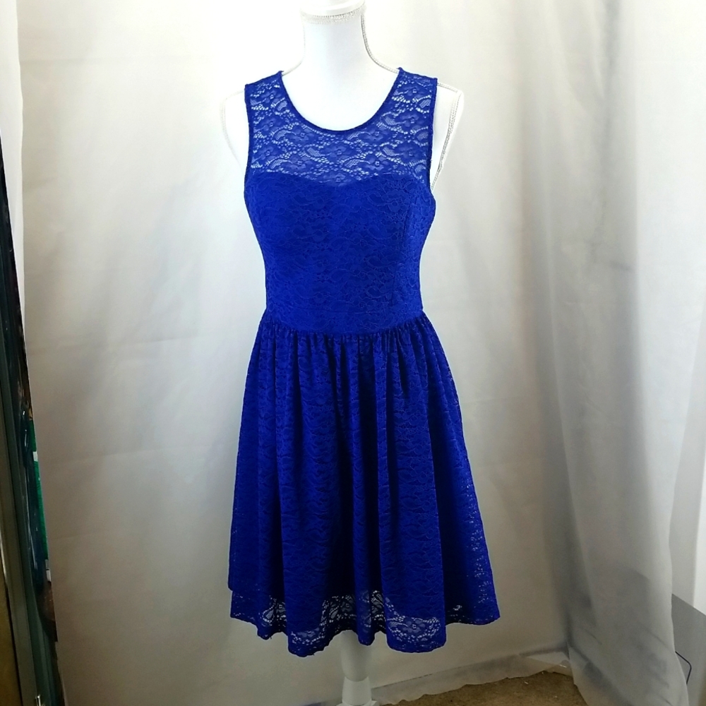 JESSICA SIMPSON Royal Blue Lace Illusion A-line Dress